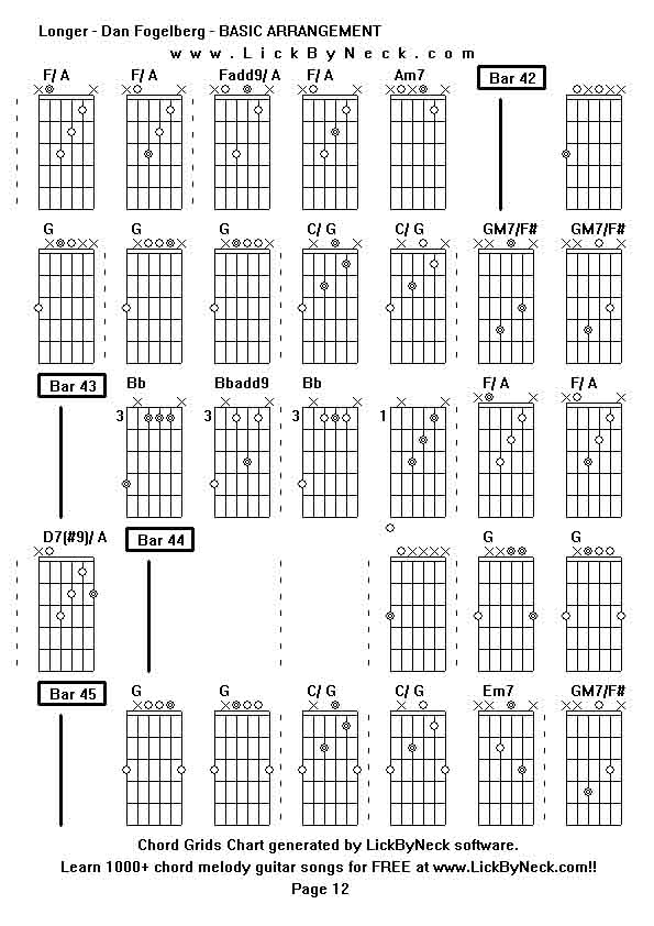 Chord Grids Chart of chord melody fingerstyle guitar song-Longer - Dan Fogelberg - BASIC ARRANGEMENT,generated by LickByNeck software.